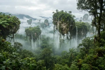 Surreal floating fern islands with hanging roots and waterfalls above a misty rainforest canopy.