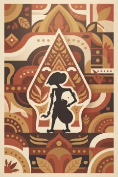 Abstract graphic Javanese wayang shadow-puppet motif with a gunungan-inspired geometric backdrop and warm earthy ornamental shapes.