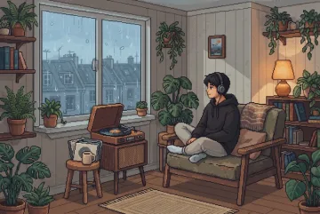 Retro pixel art scene of a young adult listening to a vinyl record with a warm drink beside a rain-covered apartment window.