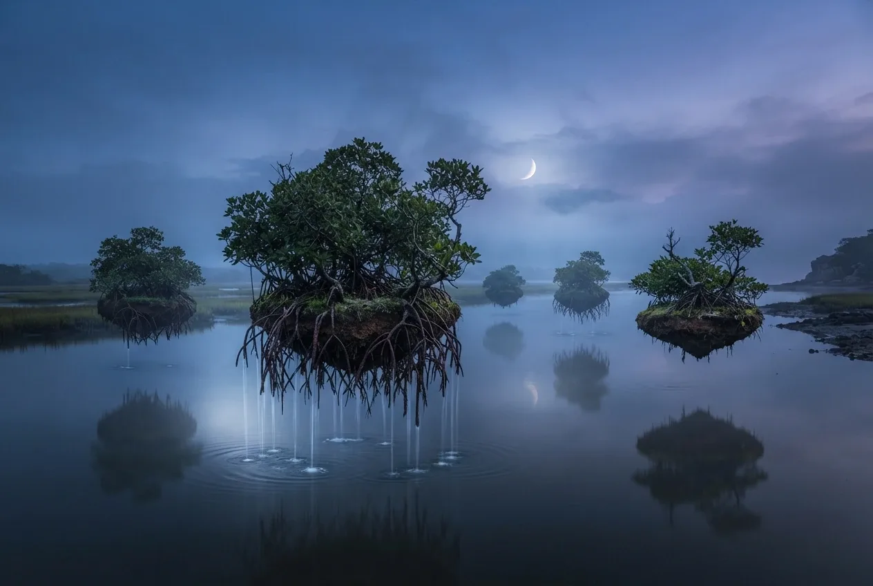 Surreal mangrove islands floating above a moonlit tidal lagoon with hanging roots, falling water, silver mist, and reflective wetlands.