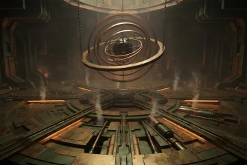 Abstract steampunk brass orrery floating above a geometric clockwork basin with copper rings, gears, steam, and glowing amber mechanical channels.