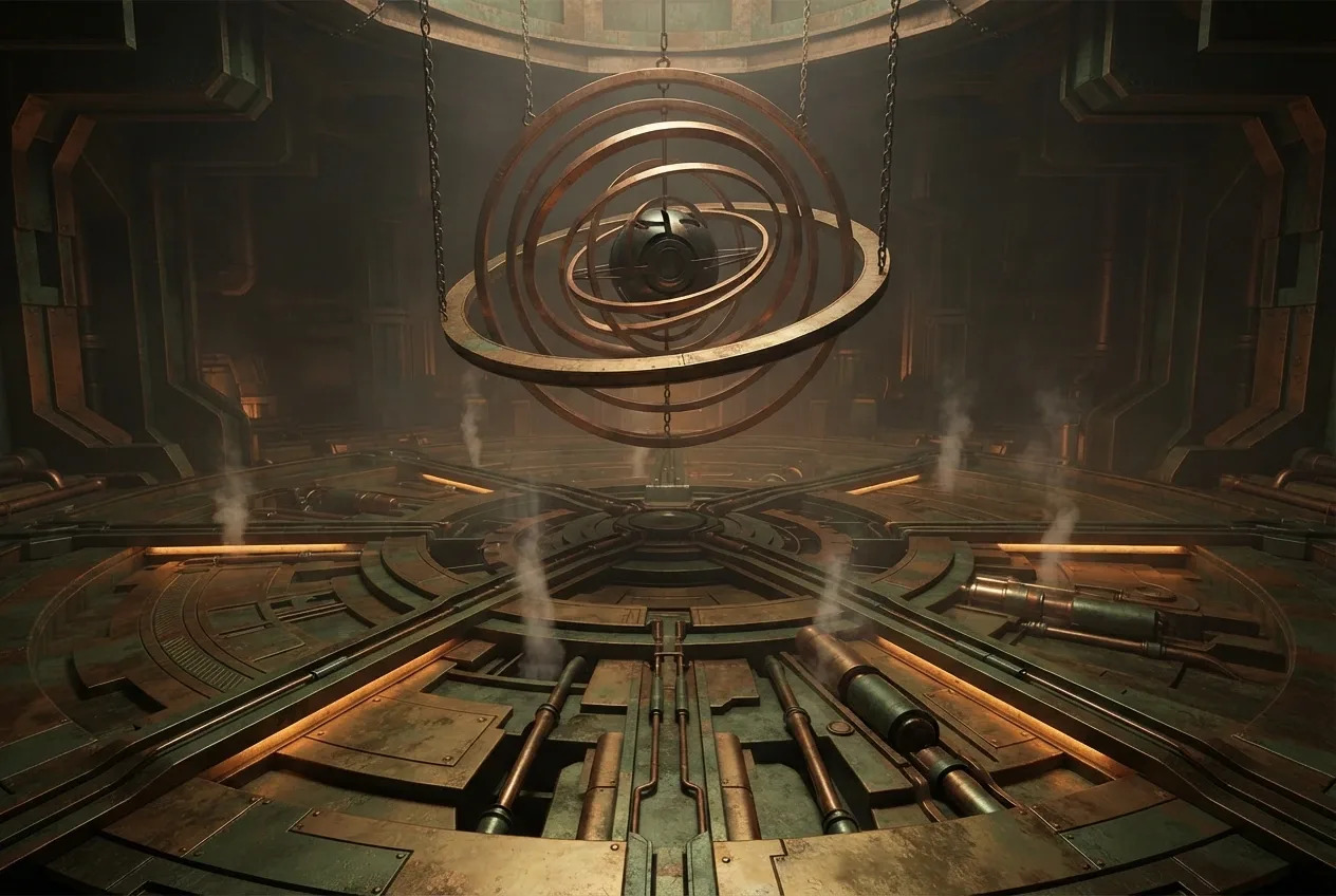 Abstract steampunk brass orrery floating above a geometric clockwork basin with copper rings, gears, steam, and glowing amber mechanical channels.
