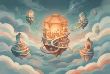 Abstract storybook illustration of glowing floating paper lantern islands above layered clouds with curling ribbon-like paths.