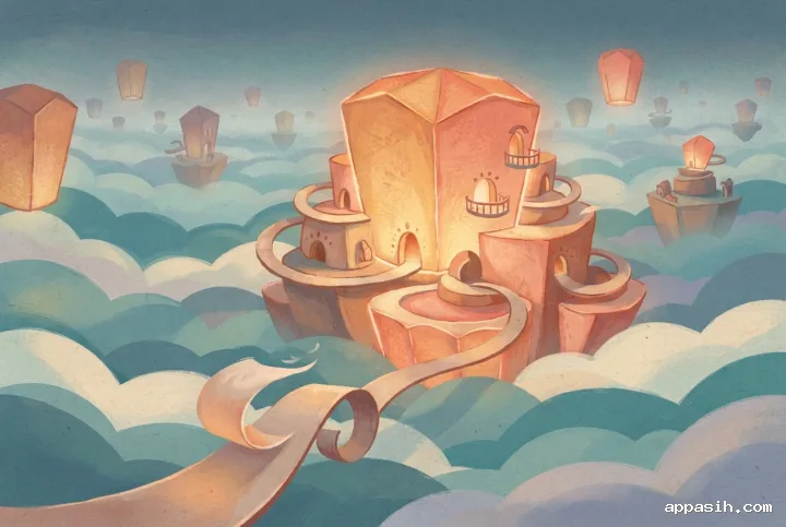 Storybook-style abstract illustration of glowing floating paper lantern islands seen from a closer three-quarter angle above layered twilight clouds.