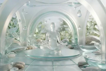 Translucent glass meditation figure seated in a curved 3D wellness sanctuary with glass leaves, floating droplets, and soft aqua lighting.