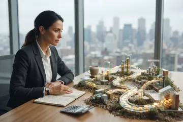 Surreal entrepreneur studying a miniature cash flow garden with glowing coin-like pathways and geometric business growth structures on a modern office desk.