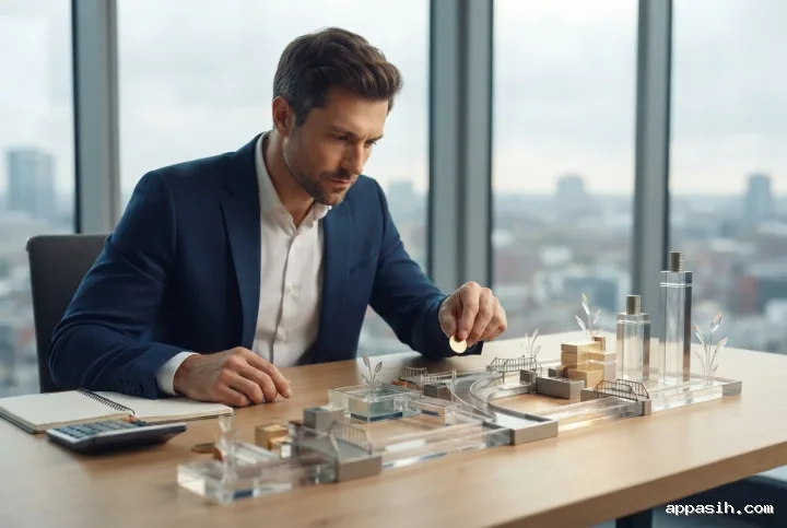 Surreal entrepreneur moving a golden coin-like disc through a miniature cash flow garden of translucent channels and geometric growth structures in a modern office.