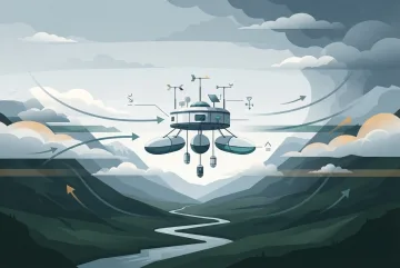 Graphic infographic illustration of a floating weather observatory with sensor platforms above a stormy mountain valley.
