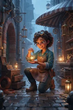 3D Cartoon lantern mechanic repairing a tiny brass light companion in a rainy clockwork alley with warm amber workshop lighting.