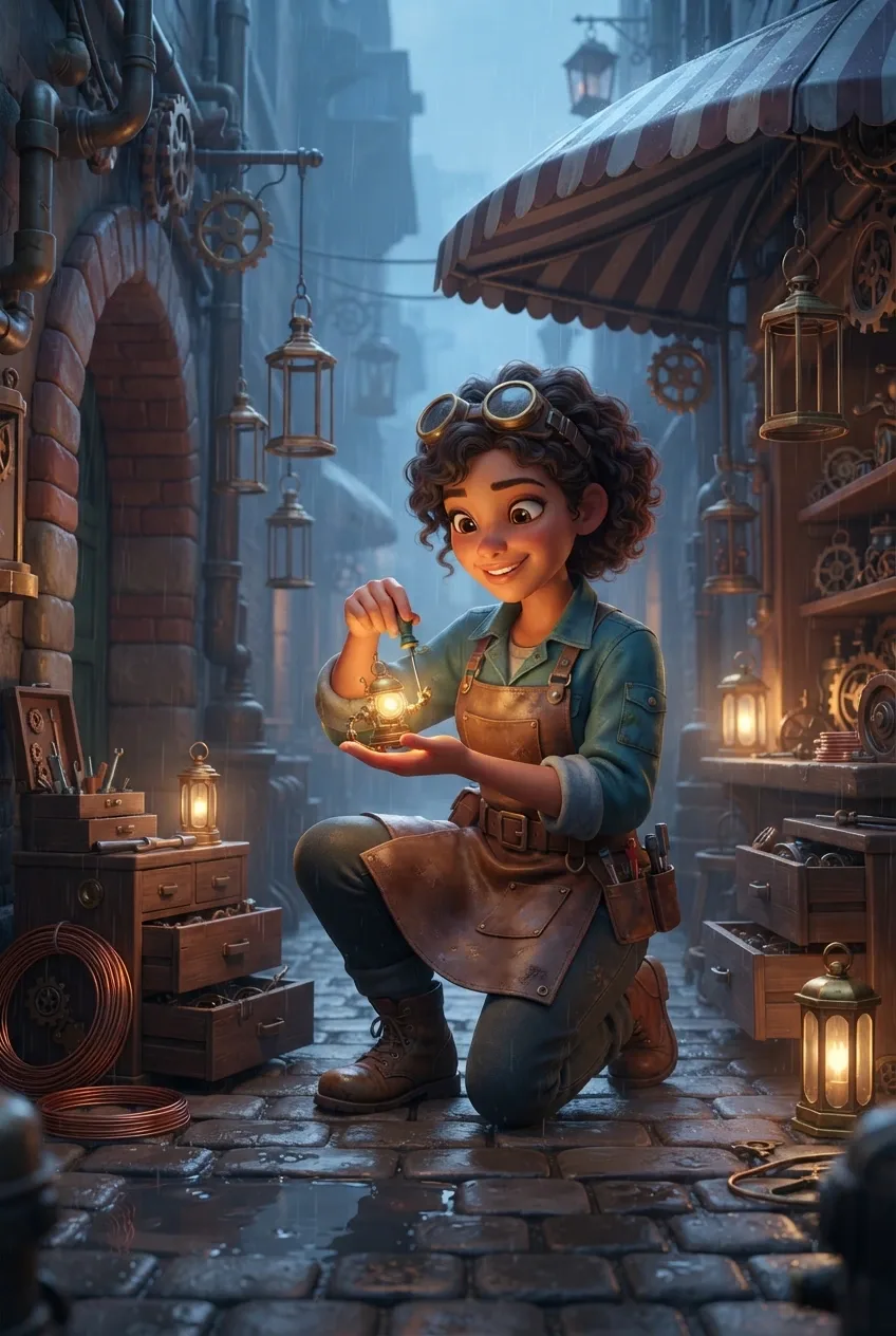 3D Cartoon lantern mechanic repairing a tiny brass light companion in a rainy clockwork alley with warm amber workshop lighting.