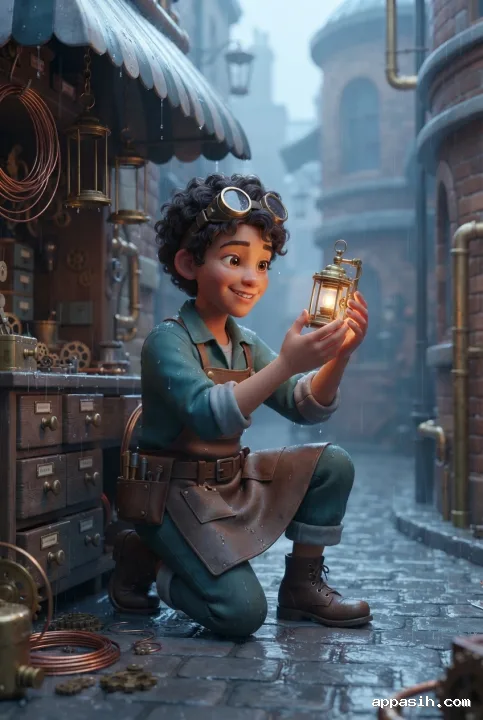Close three-quarter view of a 3D Cartoon lantern mechanic lifting a glowing brass light companion in the same rainy clockwork alley.