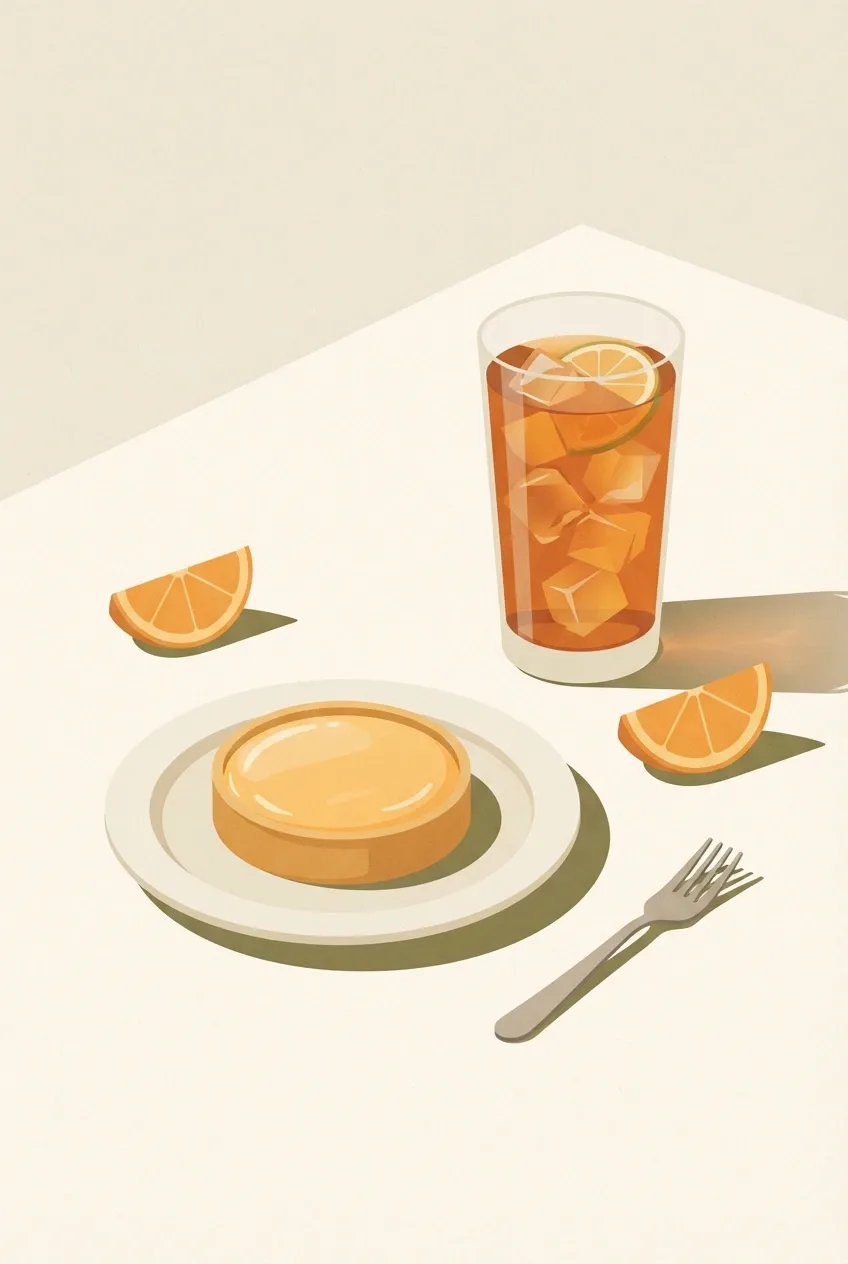 Minimalist graphic still life of a citrus tart and tall iced tea with orange slices on a warm neutral tabletop.