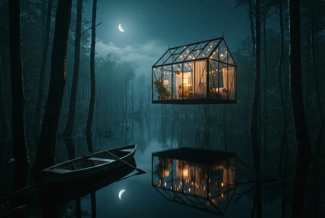 Cinematic floating glasshouse glowing above a moonlit flooded forest with mist, submerged trees, reflective water, and an unattended wooden rowboat.