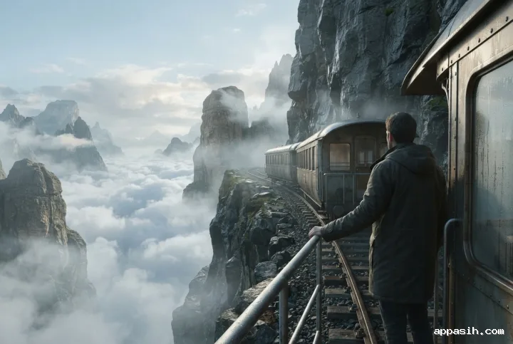 Surreal closer view of a lone traveler on a cliffside mountain train overlooking a cloud-filled valley with floating rock formations and misty peaks.