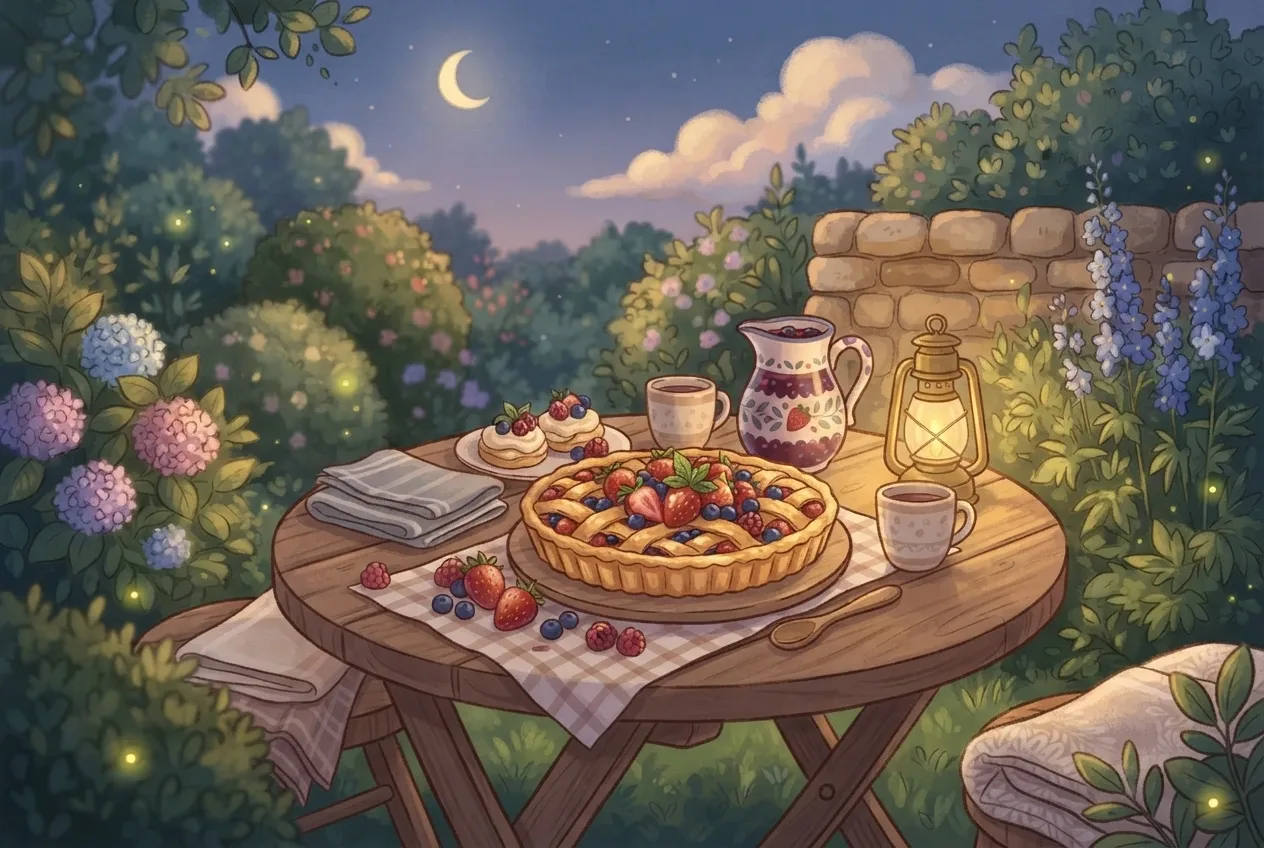 Children's book illustration of a berry tart picnic with strawberries, blueberries, pastries, cups, and a glowing lantern on a garden table at twilight.