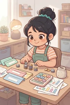 Kawaii cartoon small business owner organizing cash flow with coins, budgeting envelopes, calculator, and finance charts at a cozy office desk.