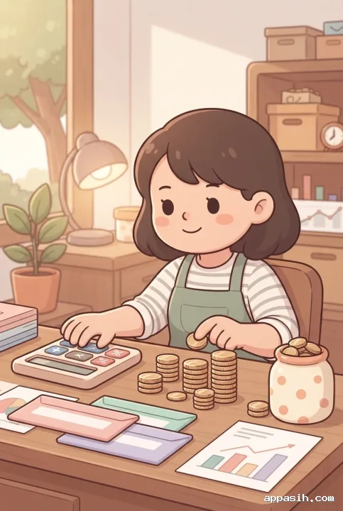 Kawaii cartoon small business owner placing a coin into a savings stack while managing cash flow at a pastel office desk.