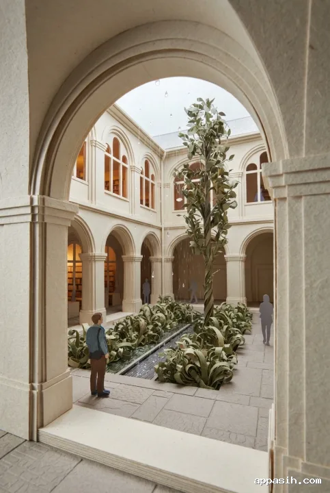 Closer three-quarter view of a layered papercraft courtyard library with cream arched galleries, a central tree, reflecting channels, warm reading rooms, and gentle rain.