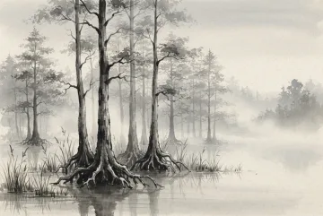 Ink wash drawing of misty cypress trees with exposed roots standing in a calm wetland surrounded by reeds and morning fog.