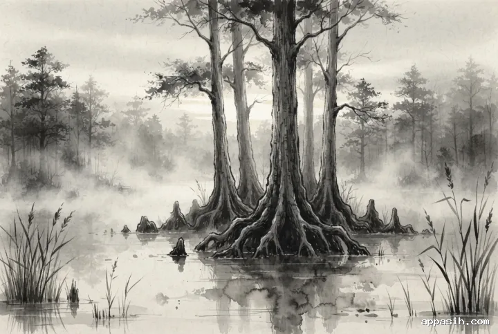 Detailed ink wash drawing of misty cypress trees and exposed roots in a calm wetland, viewed near water level with foreground reeds and softly layered morning fog.