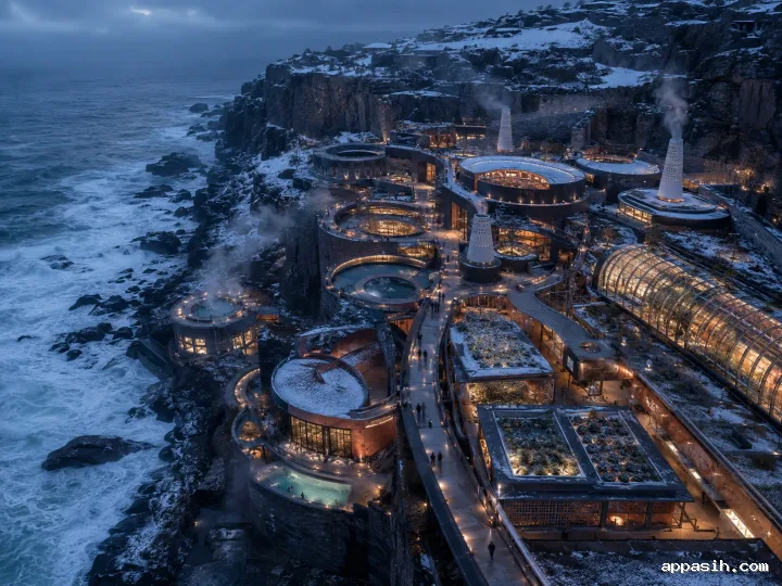 Elevated winter view of a coastal quarry containing circular rammed-earth and timber civic buildings whose recovered computational heat warms stepped pools, botanical halls, gardens, workshops, and sheltered public terraces.