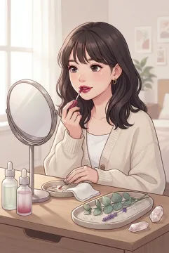 Anime-inspired cartoon portrait of a young adult applying berry lip tint at a softly lit vanity with glass cosmetics and dewdrop botanical accents.