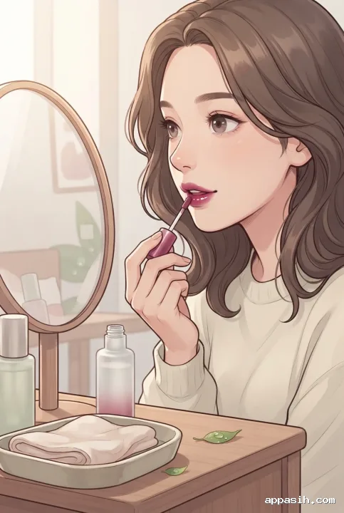 Closer anime-inspired cartoon portrait of a young adult checking freshly applied berry lip tint at the same luminous vanity with frosted-glass cosmetics and dewdrop leaves.