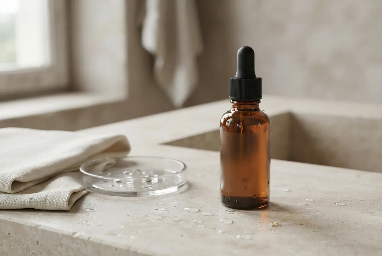 Unbranded amber glass serum bottle with black dropper on a rain-washed limestone vanity beside folded ivory linen and water droplets in editorial photography.