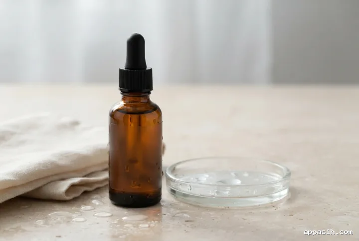 Closer editorial view of an unbranded amber glass serum bottle with black dropper, folded ivory linen, clear glass dish, and water droplets on a rain-washed limestone vanity.