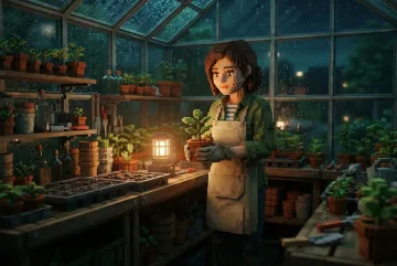3D voxel art portrait of a young botanist holding a small seedling inside a rainy greenhouse at night.