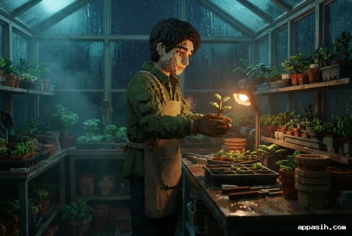 Detailed 3D voxel art portrait of a botanist tilting a seedling toward a warm work lamp inside a rainy nighttime greenhouse.