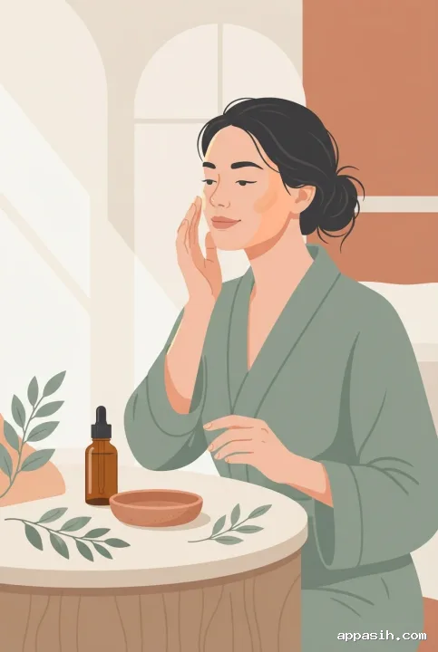 Closer flat 2D illustration of a woman applying botanical face serum at a vanity with an amber dropper bottle, ceramic dish, and leafy sprigs in soft morning light.
