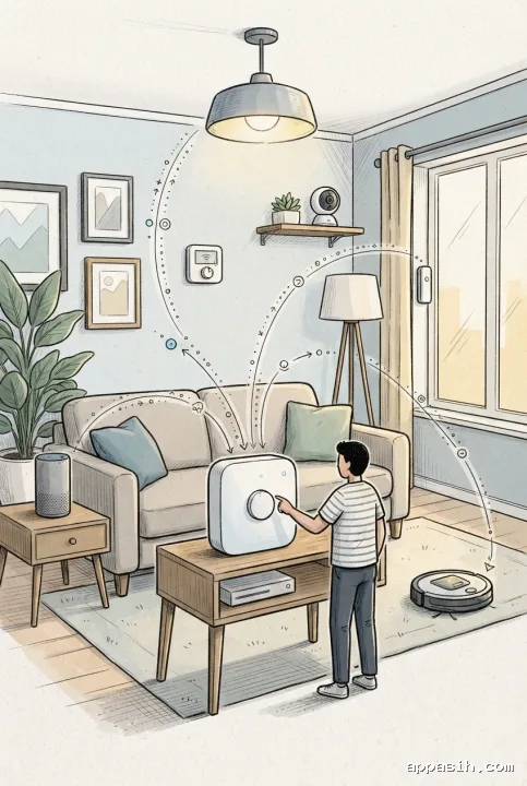 Detailed hand-drawn doodle smart home control hub with a resident interacting with connected lights, climate sensors, security devices, and household automation.