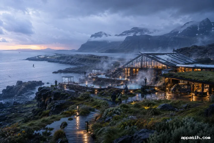 Elevated view of a glowing eco-lodge and steaming geothermal pools on a misty northern fjord at blue hour.