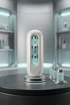 Futuristic modular skincare pod dispenser with translucent serum capsules on a sleek sci-fi vanity surface.
