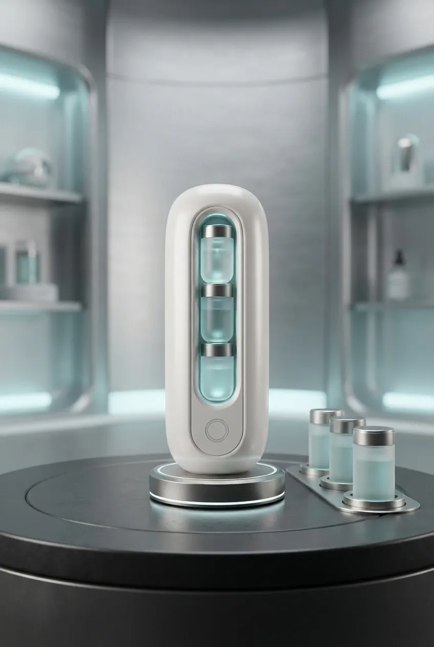 Futuristic modular skincare pod dispenser with translucent serum capsules on a sleek sci-fi vanity surface.