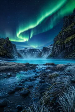 Portrait view from a volcanic stream toward a steaming turquoise geothermal fjord beneath a vivid green aurora and distant snowy mountains.