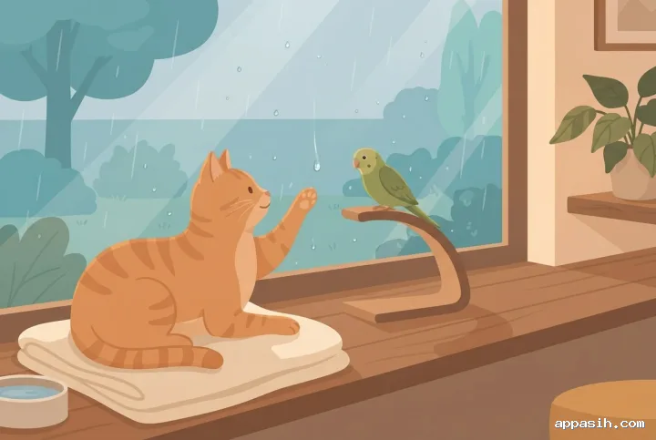 Orange tabby cat reaching toward a raindrop on the window while a green parakeet watches from its perch in a cozy flat-illustrated room.