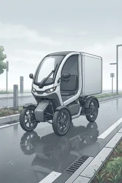 Scientific illustration of a compact electric cargo tricycle with an enclosed delivery box traveling along a wet urban mobility lane.