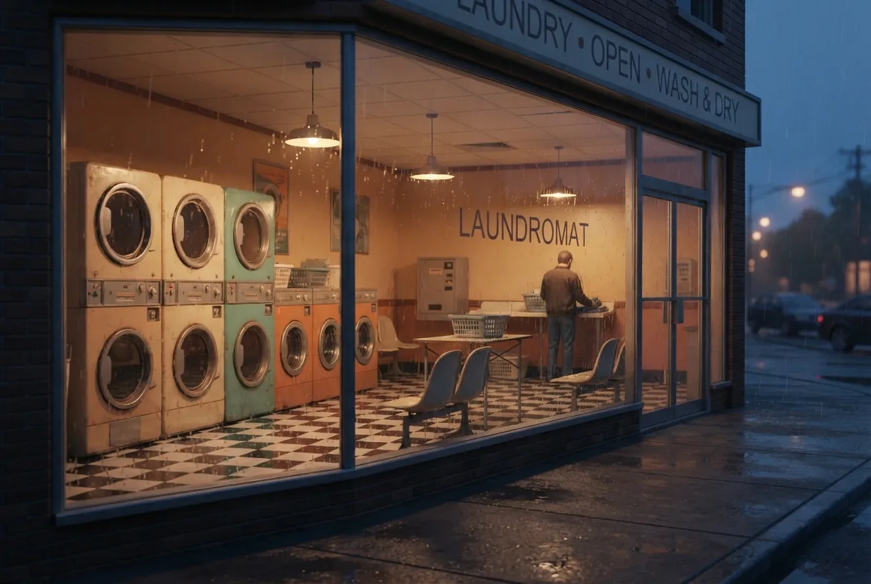 Stylized 3D retro coin-operated laundromat at rainy dusk with rounded washing machines, plastic chairs, tiled flooring, laundry baskets, warm interior lights, and reflections on wet pavement.