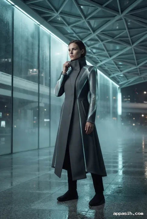 Three-quarter view of a fashion model adjusting the collar of a graphite futuristic coat with luminous fiber panels inside a misty rain-darkened transit atrium.