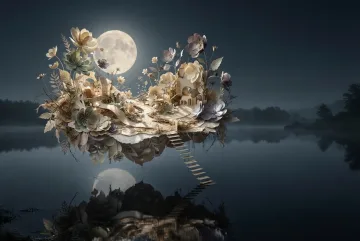 Surreal floating paper garden with oversized cutout flowers and a suspended staircase above a moonlit lake in a layered mixed media collage.