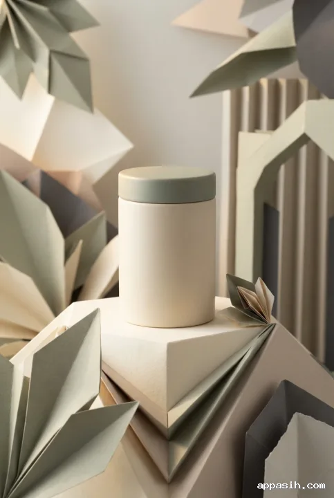 Close three-quarter portrait view of a minimalist tea canister on an origami paper pedestal surrounded by folded leaves, pleated panels, and softly lit mixed media paper forms.