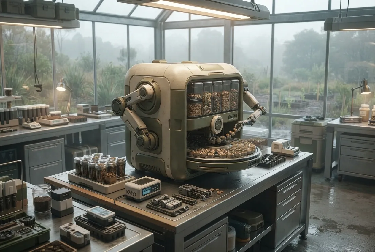 Autonomous seed vault drone preparing biodegradable seed capsules inside a futuristic rewilding laboratory in detailed Concept Art.