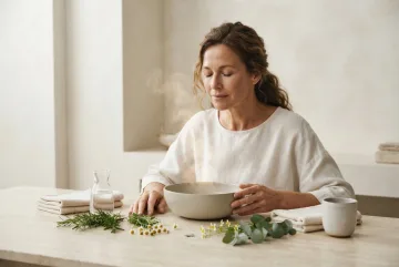 Woman enjoying a herbal steam facial ritual with rosemary, chamomile, eucalyptus, folded towels, and ceramic accessories in a softly lit wellness studio.