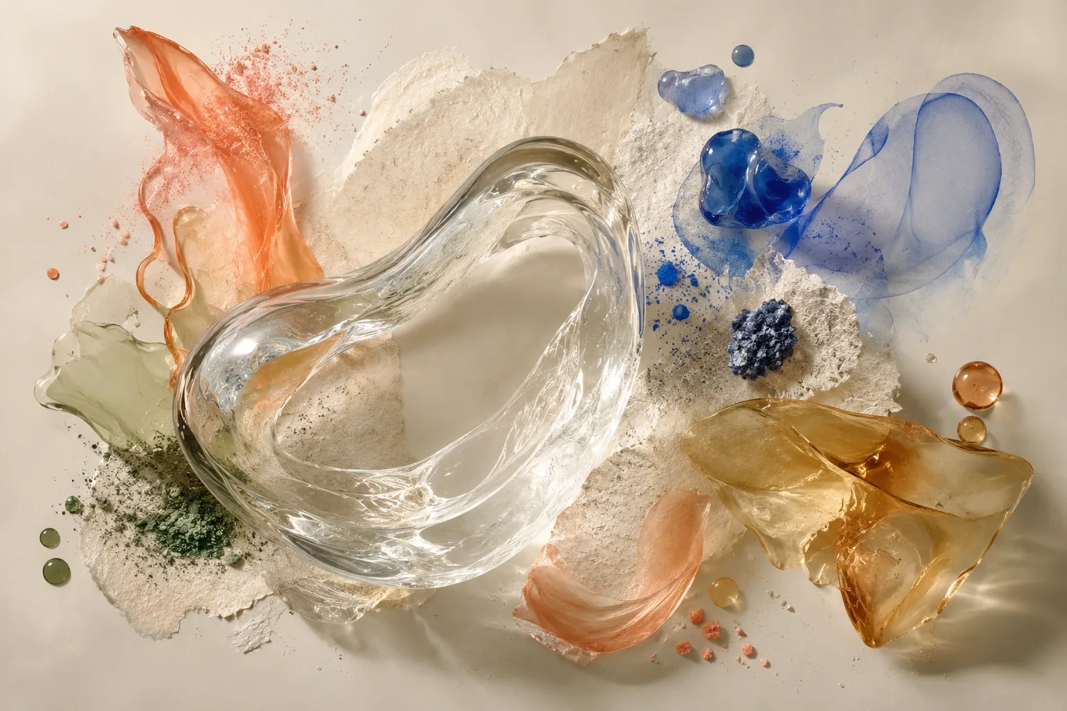 Abstract landscape artwork featuring translucent glass ribbons, organic colored forms, handmade paper fibers, and tactile mineral textures on a warm neutral background.