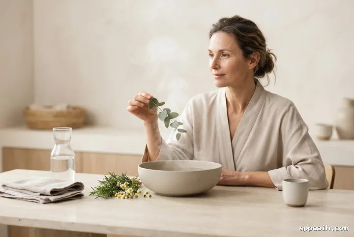 Woman gently holding eucalyptus above a steaming ceramic bowl during a herbal facial wellness ritual with chamomile, rosemary, towels, and ceramic accessories in a minimal studio.