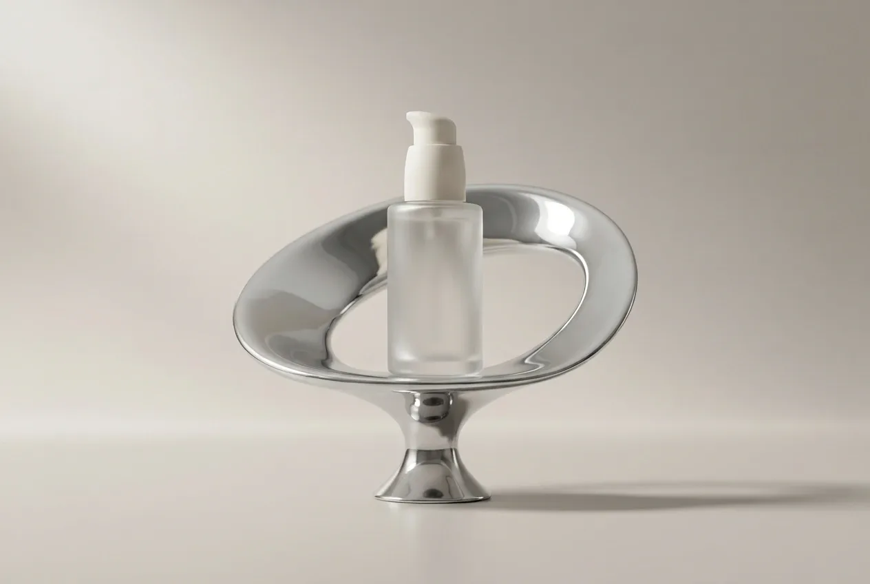 Unlabeled frosted glass skincare pump bottle displayed on a looping liquid-chrome pedestal in a surreal reflective studio.