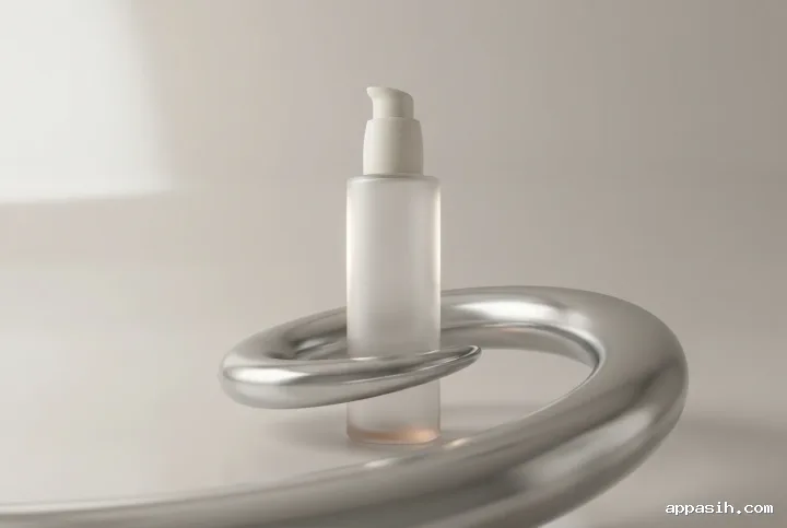 Frosted glass skincare pump bottle viewed from a lower three-quarter angle on the same looping liquid-chrome pedestal in a surreal minimalist studio.