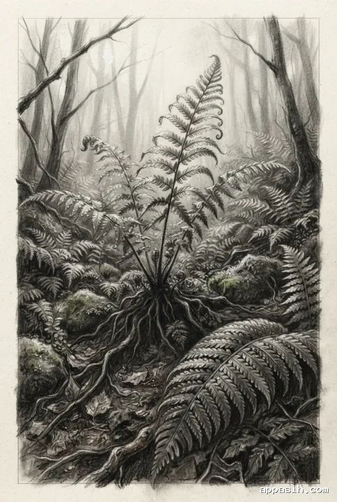 Detailed charcoal drawing of ancient fern fronds viewed from a slightly lower angle in a misty woodland with mossy stones, roots, fallen leaves, and filtered forest light.